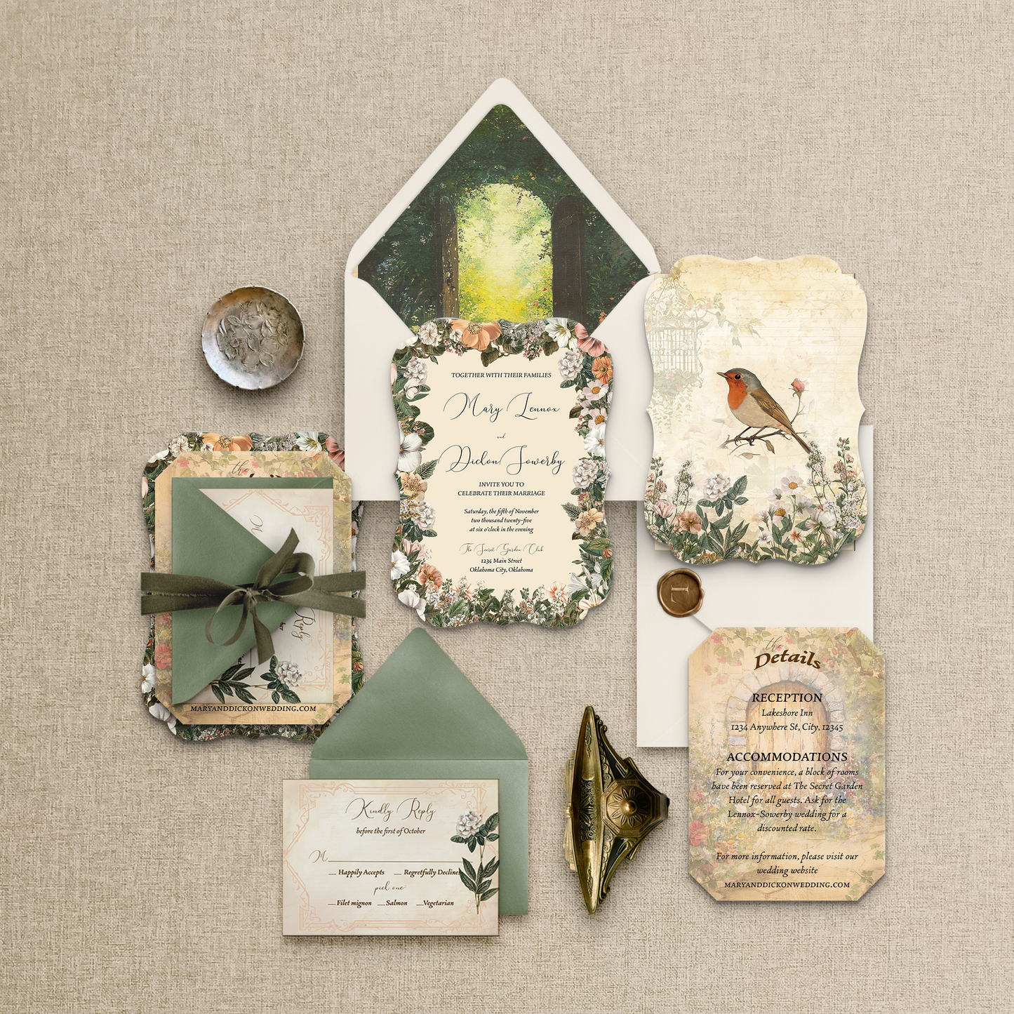 Wedding invitation set with nature-themed designs on a textured beige background