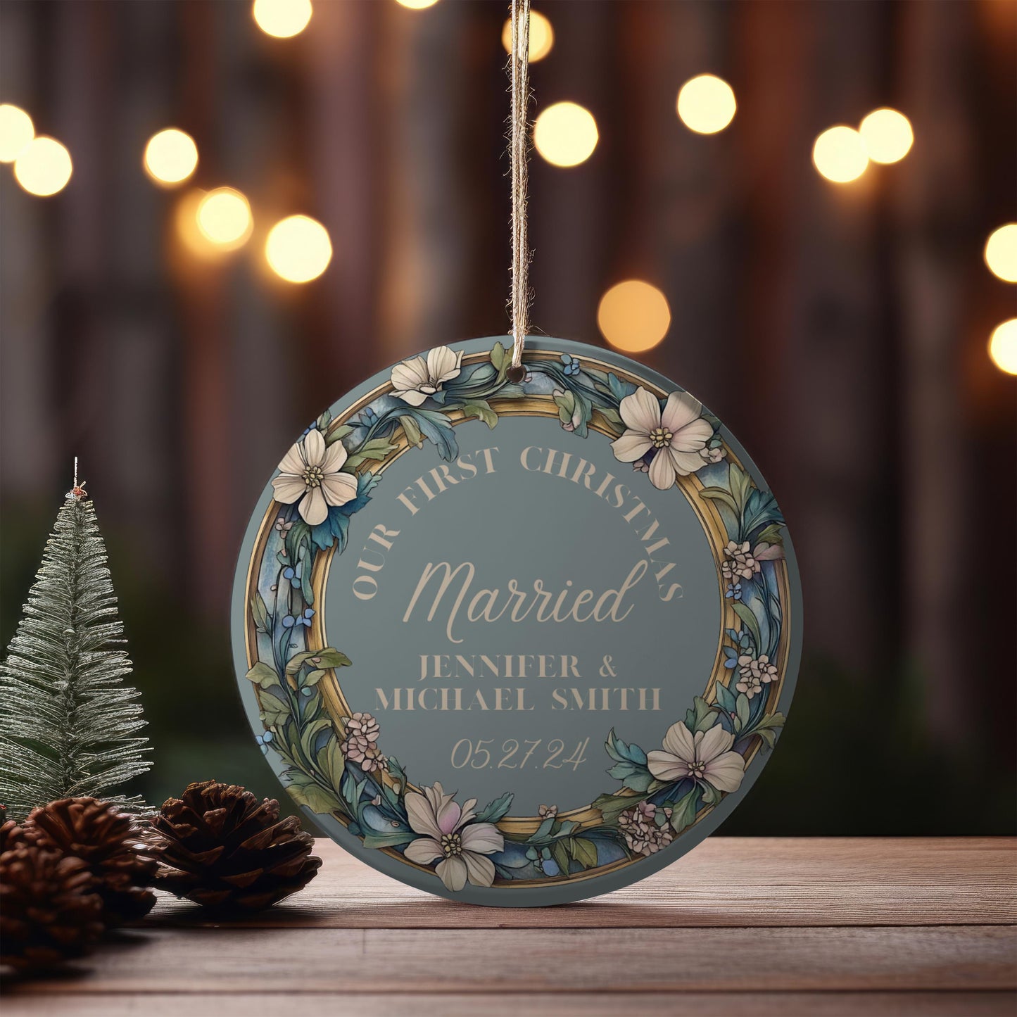 Our First Christmas Married Blue Wreath Ornament Holiday Ornament