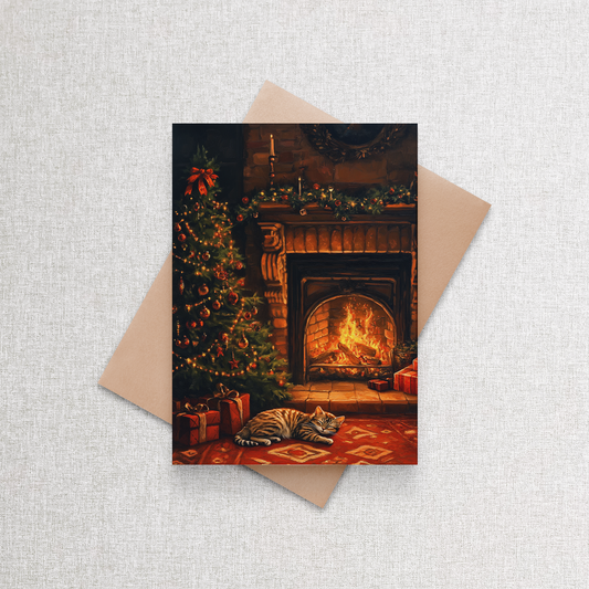 Cozy Cat by the Fire | Custom Christmas Card Set of 12