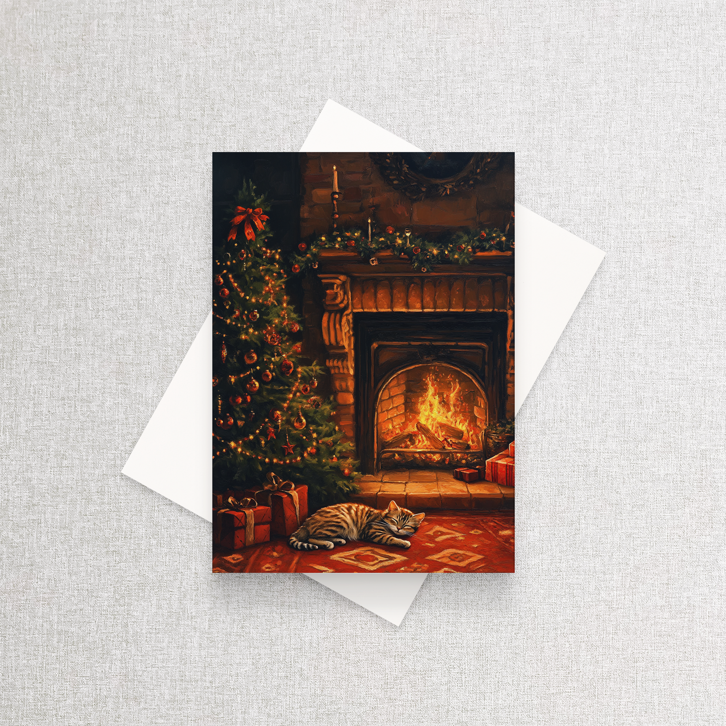 Cozy Cat by the Fire | Custom Christmas Card Set of 12