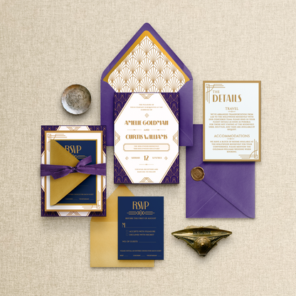 Elegant wedding invitation set with purple and gold accents on a textured beige background.