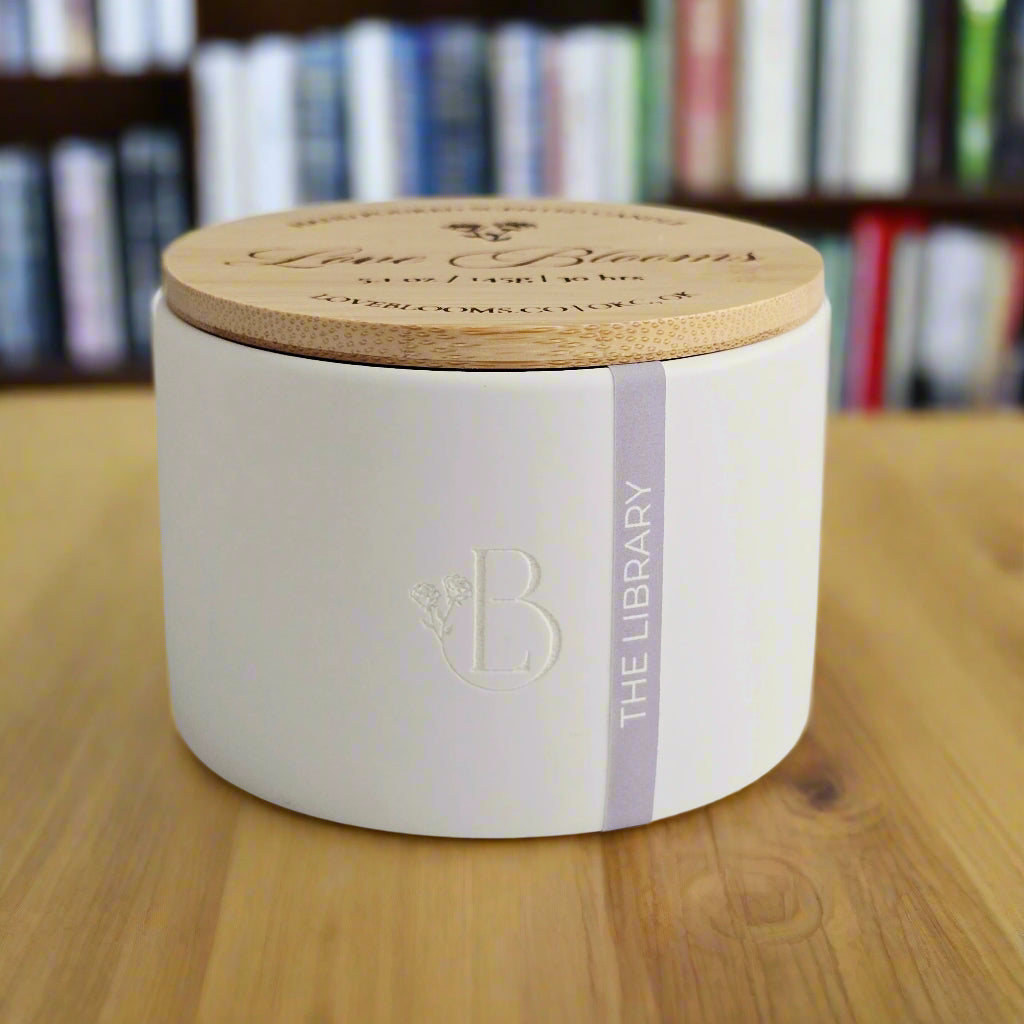 library scented candle in white mini ceramic jar with bamboo lid