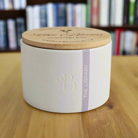 library scented candle in white mini ceramic jar with bamboo lid