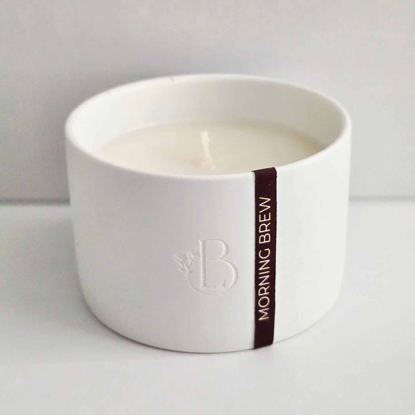morning brew scented candle in white ceramic  mini jar with bamboo lid