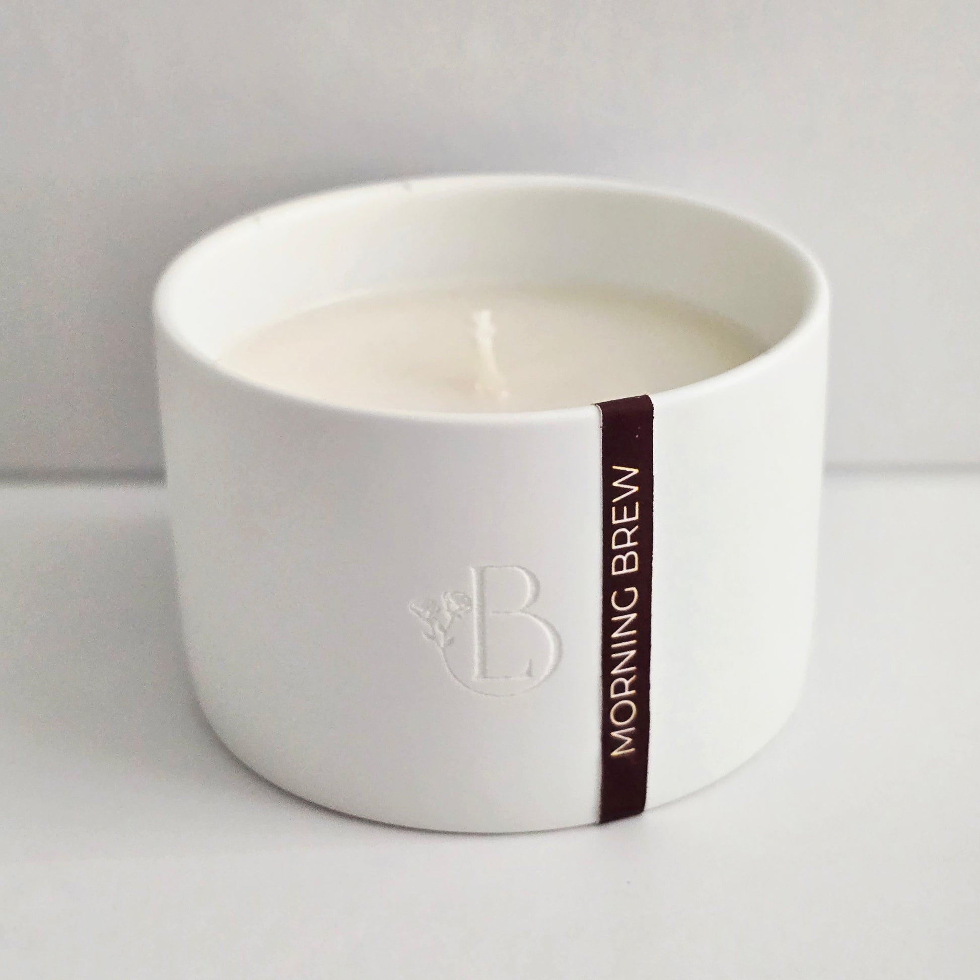 morning brew scented candle in white ceramic  mini jar with bamboo lid