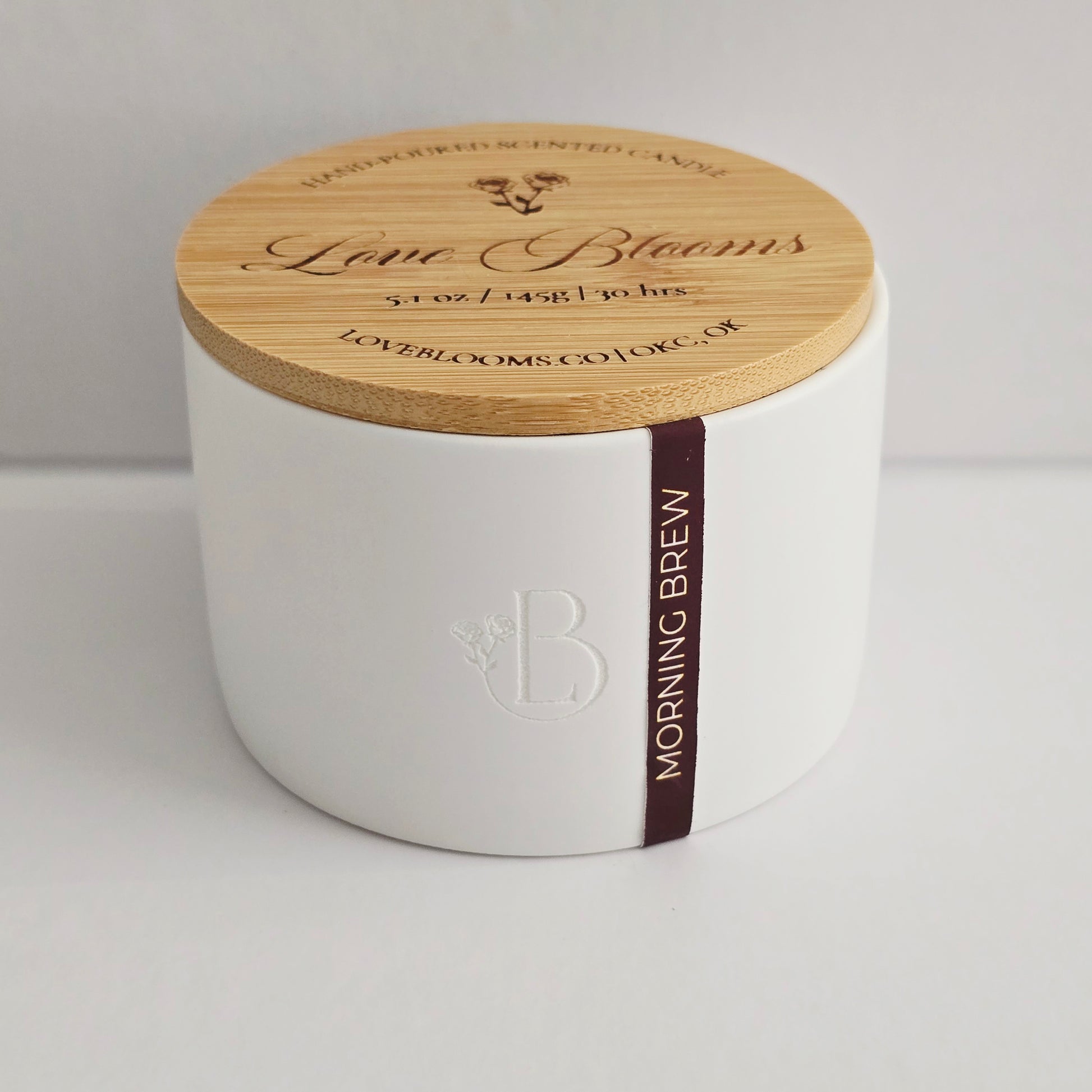 morning brew scented coffee candle in white ceramic jar with bamboo lid