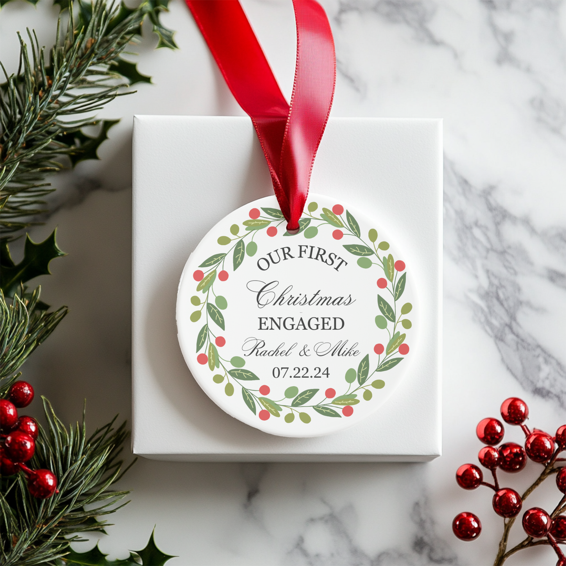 Our First Christmas Engaged Red and Green Wreath Ornament Holiday Ornament