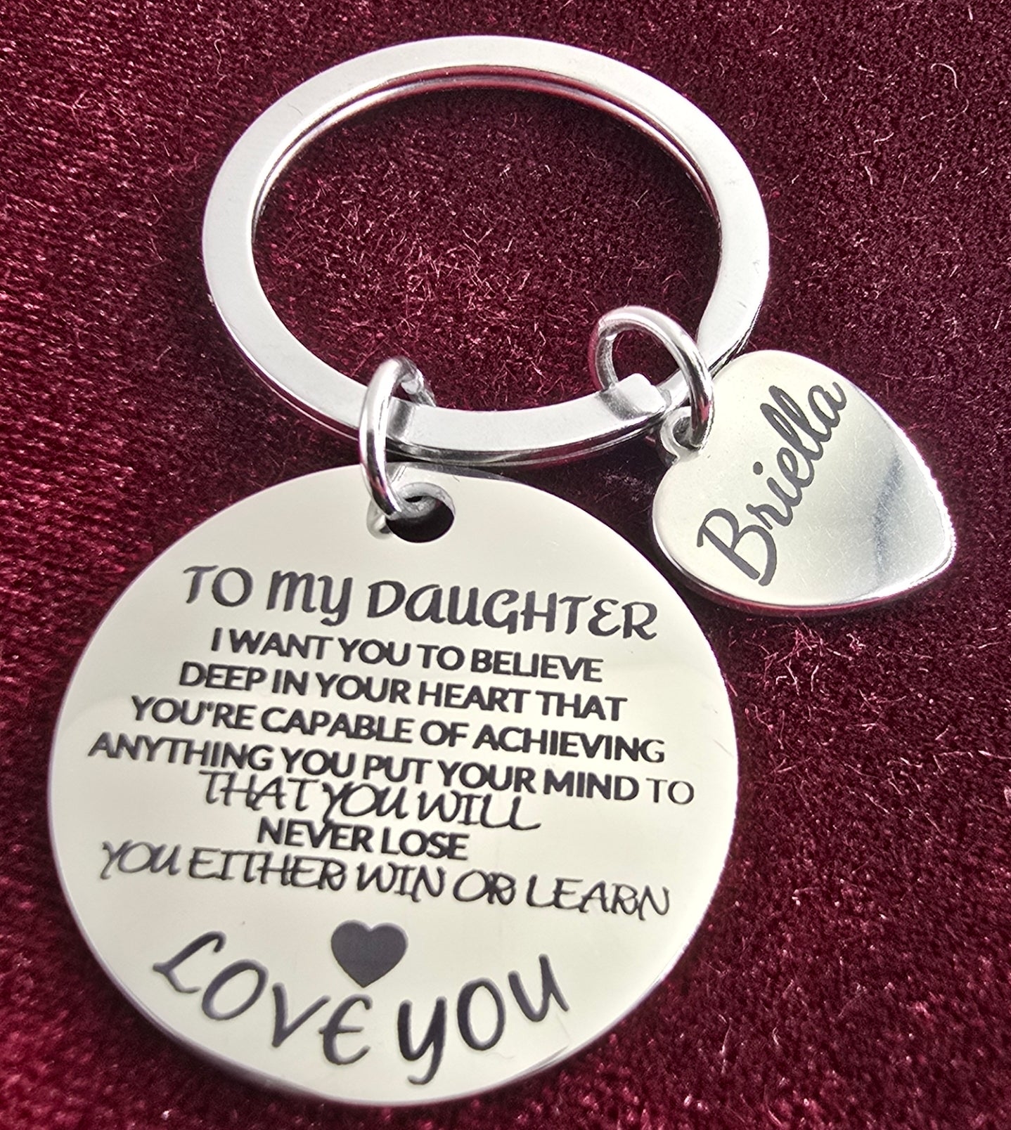 To My Daughter | Personalized Stainless Steel Keychain Keychain w heart charm personalized keychain engraved
