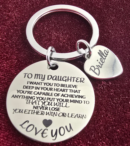 To My Daughter | Personalized Stainless Steel Keychain Keychain w heart charm personalized keychain engraved