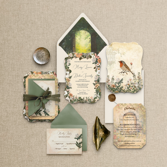 Wedding invitation set with nature-themed designs on a textured beige background