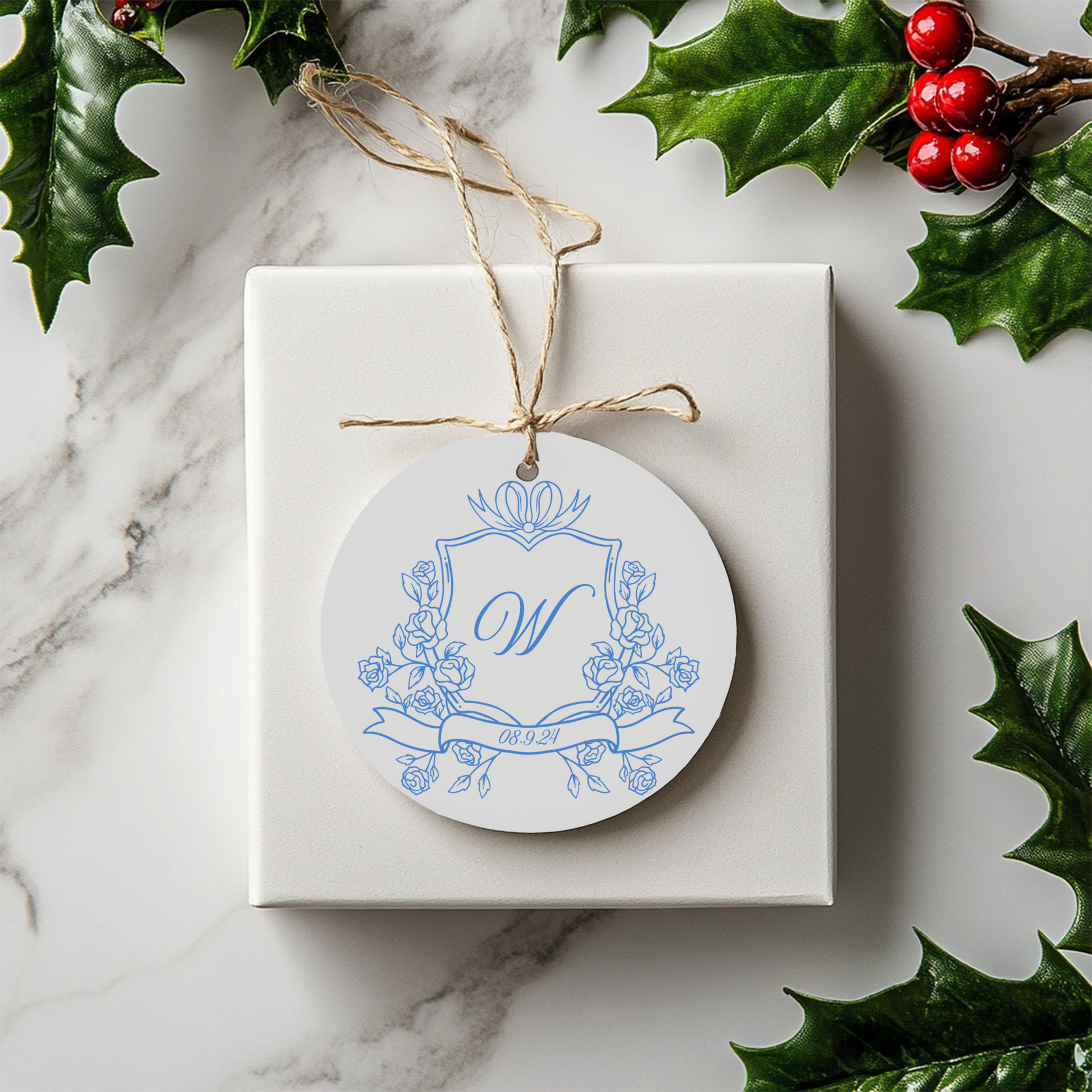 Blue Crest Monogrammed Christmas Couple Ornament Holiday Ornament
