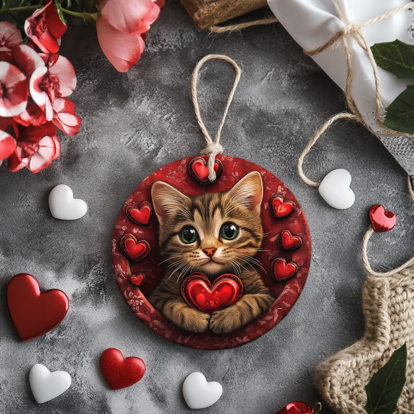 3D Effect Cat Valentines Day Ornament Holiday Ornament
