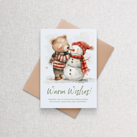 Warm Wishes Bear and Snowman | Custom Christmas Card Greeting Card