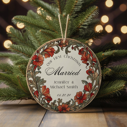 Our First Christmas Married Floral Art Nouveau Ornament