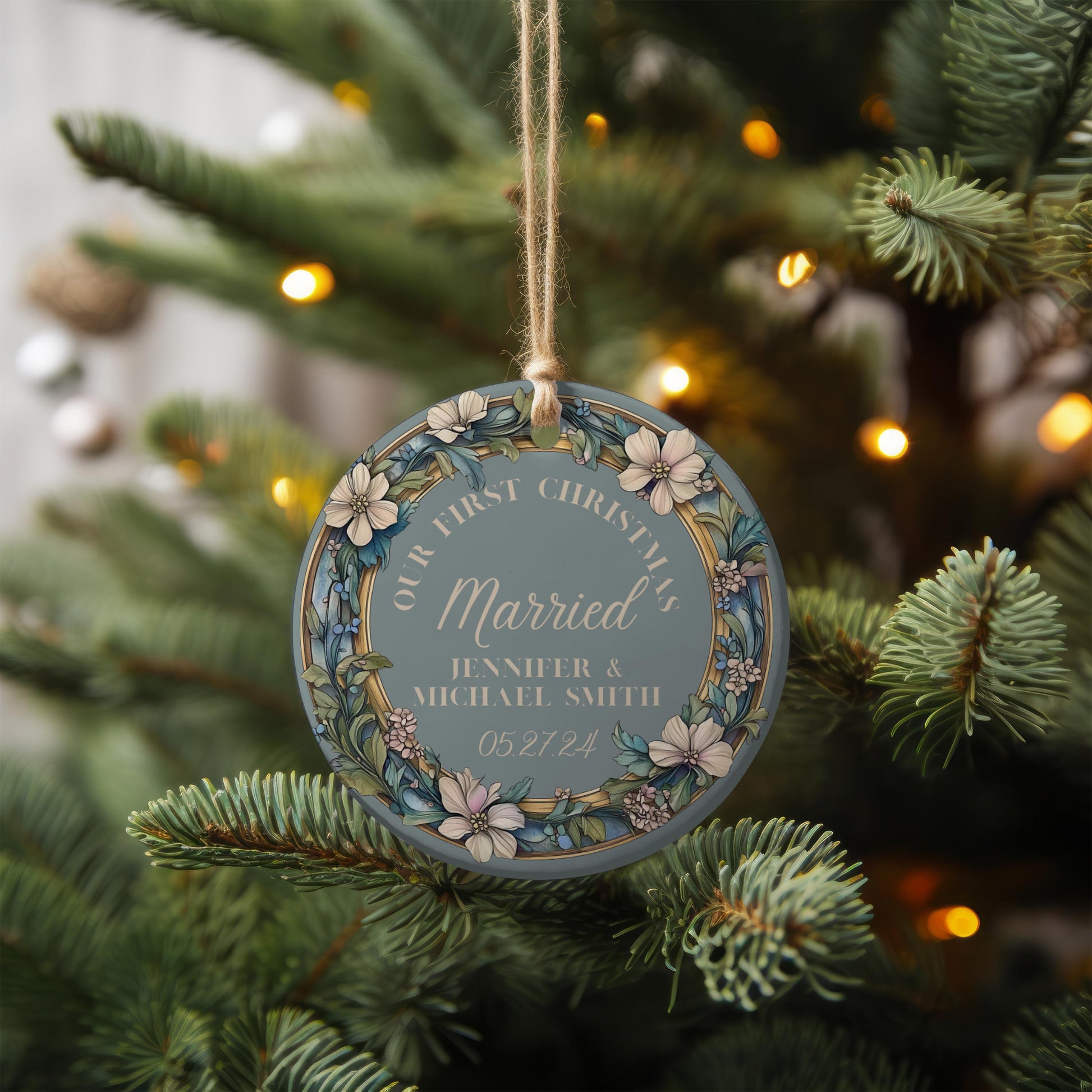 Our First Christmas Married Blue Wreath Ornament Holiday Ornament