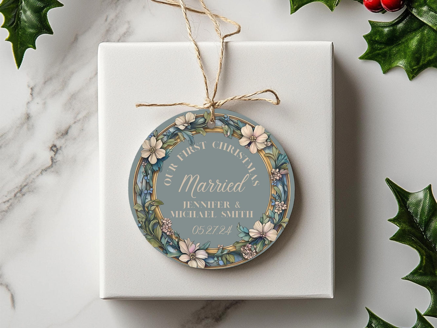 Our First Christmas Married Blue Wreath Ornament Holiday Ornament