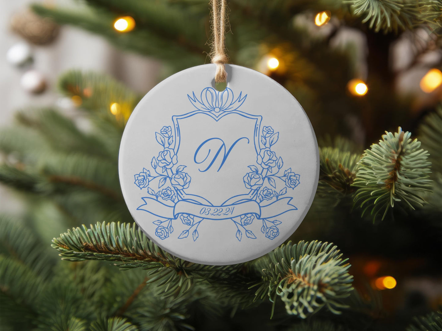 Blue Crest Monogrammed Christmas Couple Ornament Holiday Ornament