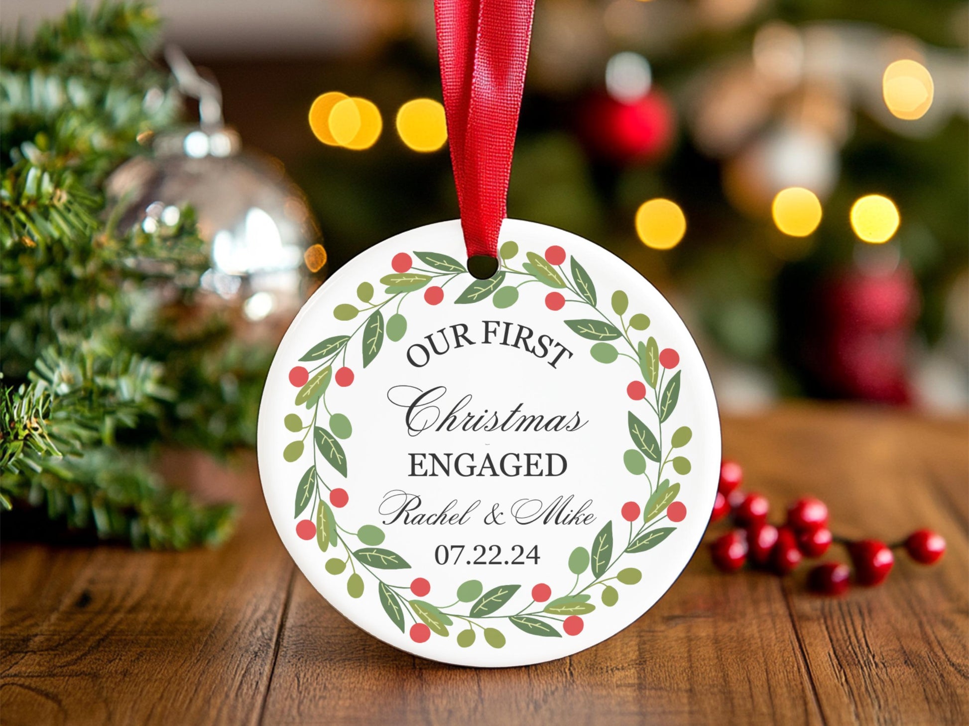 Our First Christmas Engaged Red and Green Wreath Ornament Holiday Ornament