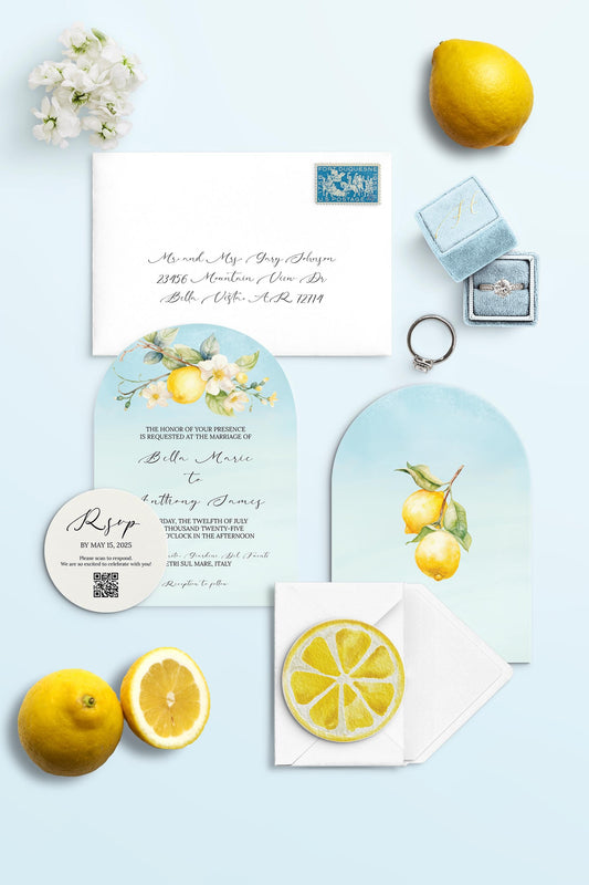 Amalfi Coast Lemon Wedding Invitation Suite | 4pc Paper Invites, RSVP Card & Envelopes for a Destination Wedding